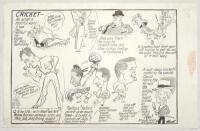 Victoria in the Sheffield Shield 1949/50 & 1964/65. Two original pen and ink caricature/ cartoon artworks with highlighting, for ‘The Age’ newspaper by artist Samuel Wells. ‘Cricket- Ah what a restful word!’ Dated to verso 19th December 1949, the cartoon 