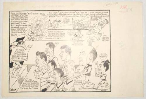 Victoria in the Sheffield Shield 1963/64 & 1964/65. Two original pen and ink caricature/ cartoon artworks for ‘The Age’ newspaper by artist Samuel Wells. ‘Cyclone Bill “slashes” The Slasher’, date stamped 15th December 1963, reports on Bill Lawry’s ‘cyclo