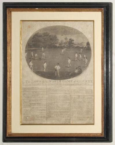 ‘The Laws of the Noble Game of Cricket’. Printed laws sheet with mono engraving of an early cricket scene, published by John Wallis, 16 Ludgate Street, printed by L. Binns, London, 17th September 1785. Mounted, framed and glazed, overall 15”x18.75”. Some 