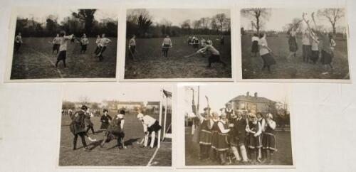 Women’s hockey and camogie in Ireland, 1920s. Five original mono press photographs. Images depict action from the international ladies field hockey match, Ireland v Wales, Dublin ‘March 21st’, also the Glenola Hockey team celebrating victory over Trefoil 