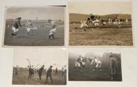 Shinty, hurling and lacrosse c.1920s. A selection of four original mono press photographs, each with press caption or handwritten annotation to verso. Images are ‘The gathering of the clans on Wimbledon Common. The Scottish game of shinty’. 6.5”x4.75”. Pi