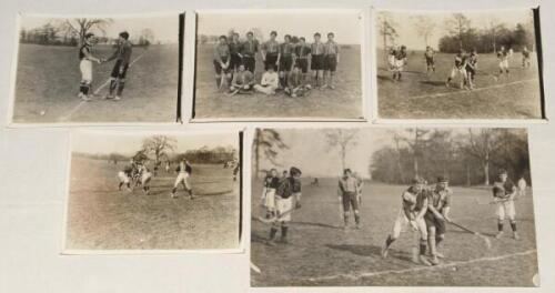 Boys’ hockey c.1920s. Five original mono press photographs of ‘The visit of the French schoolboys to Clayesmore School [Pangbourne, Dorset]’. One image depicts the two captains shaking hands before the start of the match, one of the French team, two of ac