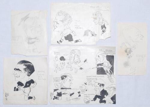 ‘RAG’ cartoons 1938-1940. A selection of twenty eight original small pages and scraps depicting caricatures, either individually or grouped, with named captions, of sporting and other figures drawn in pen and ink, some in pencil. The majority are signed b