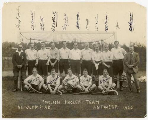 Olympics 1920. Men’s hockey. Original mono photograph of the English (field) hockey team who won the gold medal at the Antwerp Olympics in 1920. Players are depicted standing and seated in rows in front of a goal, and the photograph is very nicely and ful