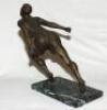 Athletics. ‘Breaking the Tape’. Bronze figure of an athlete lunging forward to complete a race. The elegant figure on marble base measures 13.5” tall. Maker and date unknown, possibly 1930s. Repair to top of left leg, otherwise a nice piece in good condit - 5