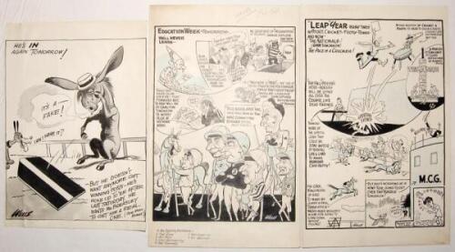 Horse racing. Three original pen and ink caricature/ cartoon artworks, one highlighted with colour, probably for ‘The Age’ Melbourne newspaper by artist Samuel Wells. ‘He’s IN again tomorrow!’. Excellent original pen and ink caricature newspaper artwork b