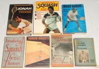 Squash. Box comprising twenty hardback and softback titles, and a small selection of modern ‘Squash Player’ magazines. Includes four earlier first edition hardbacks with good dustwrappers (unless stated). Titles are ‘Squash Rackets’, Edward Snell, T. Moss