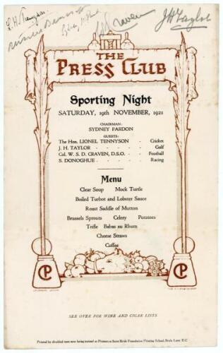 John Henry ‘J.H.’ Taylor. Golfing pioneer. Single page card menu for a ‘Sporting Night’ held at The Press Club in London, 19th November 1921. The decorative front with illustrations by Leonard Smith of The Raleigh Studios, lists the Chairman, Sydney Pardo