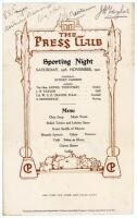 John Henry ‘J.H.’ Taylor. Golfing pioneer. Single page card menu for a ‘Sporting Night’ held at The Press Club in London, 19th November 1921. The decorative front with illustrations by Leonard Smith of The Raleigh Studios, lists the Chairman, Sydney Pardo