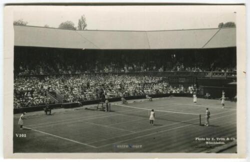 ‘Wimbledon Centre Court’ 1936. Original mono action real photograph postcard with a ladies doubles first round match in progress. Jadwiga Jôdrzejowska & Susan Noel v Marie Horn & Anita Lizana. Card no. V101 in a series issued by Edwin Trim & Co. of Wimble