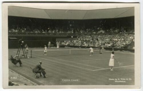 ‘Wimbledon Centre Court’ 1936. Original mono action real photograph postcard with a ladies first round doubles match in progress, opposite view of the Jadwiga Jôdrzejowska & Susan Noel v Marie Horn & Anita Lizana match. Card no. V102 in a series issued by