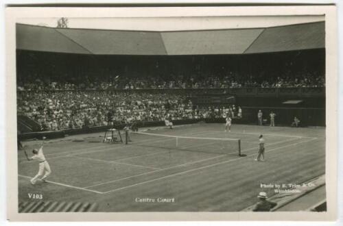 ‘Wimbledon Centre Court’ 1936. Original mono action real photograph postcard with a men’s third round singles match in progress, Christian Boussus v Gottfried Von Cramm. Card no. V103 in a series issued by Edwin Trim & Co. of Wimbledon, publishers name pr