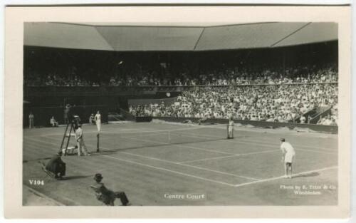 ‘Wimbledon Centre Court’ 1936. Original mono action real photograph postcard with a men’s third round singles match in progress, opposite view of the Christian Boussus v Gottfried Von Cramm match. Card no. V104 in a series issued by Edwin Trim & Co. of Wi