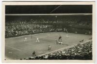 ‘Wimbledon Centre Court’ 1937. Original mono action real photograph postcard with a men’s third round doubles match in progress, Pat Hughes & Raymond Tuckey v Marcel Bernard & Jean Borotra. Card no. F75 in a series issued by Edwin Trim & Co. of Wimbledon,