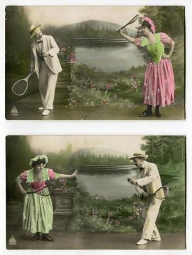 ‘Tennis by the lake’’. Pair of early Edwardian chromolithographic colour postcards of a man and a woman in tennis pose by a lake. Published by J.W. Berlin, Graficas and numbered 199/4 and 199/6. Postally unused. Good/very good condition