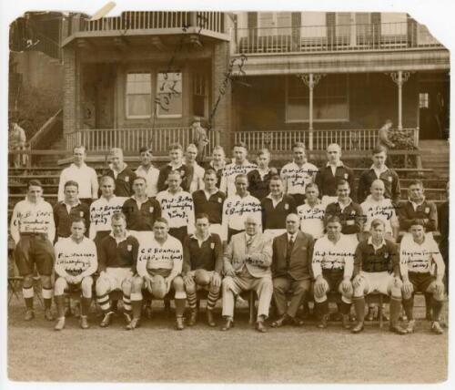 Rugby Union. Durham County XV v R.F. Oakes International XV. Sunderland, 26th September 1936. Two large original mono press photographs, one depicting both teams seated and standing in rows in front of a pavilion, the other of the R.F. Oakes XV. Oakes is 