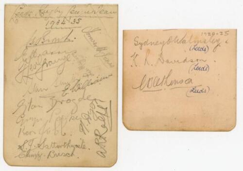 Rugby League. ‘Leeds Rugby League Team 1934/35’. Small album page signed in pencil by fourteen members of the Leeds team. Signatures include Les Grainge, Iorweth Jones, Stan Smith, Evan Williams, Stan Brogden, Gwyn Parker, Ken Jubb, Stan Satterthwaite, ‘C