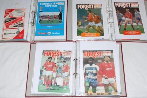 Nottingham Forest F.C. 1950s onwards. Box of mainly modern Forest related programmes, brochures, souvenirs, match tickets, autographs, ties etc. Includes three folders comprising a complete run of home and away programmes for League Cup matches (including