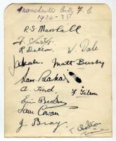 Manchester City 1934-1935. Album page signed in ink by thirteen members of the playing staff including the trainer. Signatures are Marshall, Frank Swift, Matt Busby, Dale, Dellow, Heale, Barkas, Herd, Tilson, Brook, Sam Cowan and Bray. To the back of the 