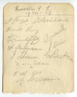 Everton 1934-1935. Album page signed in pencil by twelve members of the playing staff. Signatures are Geldard, Jones, Dixie Dean, King, Cunliffe, Stevenson, Thomson, Gee, Williams, Cresswell, Stein and Britton. To the verso are twelve pencil (two in ink) 