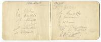 Blackburn Rovers 1934-1935. Double album page signed in pencil by thirteen members of the playing staff. Signatures are Milne, Cowell, Christie, Talbot, Beattie, Whiteside, Crook, Gorman, McLean, Bruton, Turner, Halsall and Dunne. To the verso are twelve 