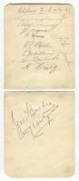 Chelsea 1934-1935. Double album page signed in pencil by eleven members of the playing staff. Signatures are Barraclough, MacAulay, Argue, Spence, Mullin, Allum, Bambrick, Craig, Jackson, Barber and Burgess. To the verso are thirteen signatures of the Wol