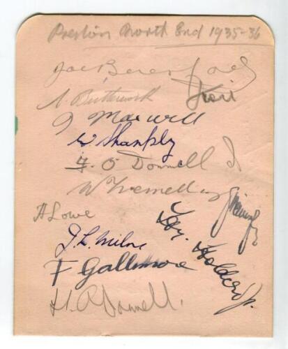 Preston North End 1935-1936. Album page signed in ink and pencil by twelve members of the playing staff. Signatures include Beresford, Butterworth, Maxwell, Bill Shankley, Frank O’Donnell, Tremelling, Holdcroft, Lowe, Milne, Gallimore, Hugh O’Donnell etc.