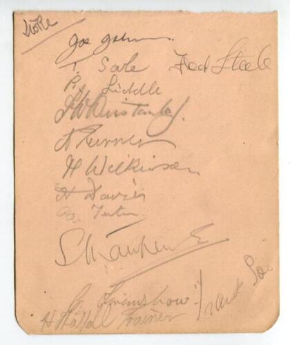 Stoke City 1935-1936. Album page signed in pencil by thirteen members of the playing staff including the trainer. Signatures are Frank Soo, Stanley Matthews, Steele, Sale, Johnson, Liddle, Turner, Wilkinson, Davies, Tutin, Scrimshaw and Winstanley. Good c