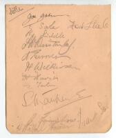 Stoke City 1935-1936. Album page signed in pencil by thirteen members of the playing staff including the trainer. Signatures are Frank Soo, Stanley Matthews, Steele, Sale, Johnson, Liddle, Turner, Wilkinson, Davies, Tutin, Scrimshaw and Winstanley. Good c