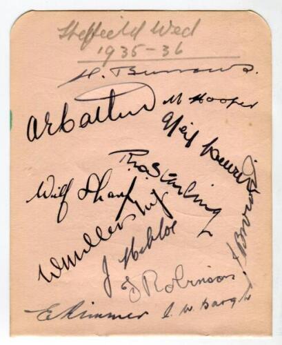 Sheffield Wednesday 1935-1936. Album page signed in ink by twelve members of the playing staff. Signatures are Burrows, Catlin, Hooper, Dewar, Starling, Sharp, Millership, Brown, Robinson, Bargh, Rimmer and Nibloe. Good condition