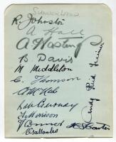 Sunderland AFC 1935-1936. Album page signed in ink (three in pencil) by thirteen members of the playing staff including the trainer. Signatures are Johnston, Hall, Hastings, Davis, Middleton, Thomson, McNab, Gurney, Morrison, Connor, Gallacher and Raich C