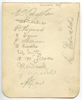 Leicester City 1935-1936. Album page signed in pencil by twelve members of the playing staff. Signatures are O’Callaghan, Ritchie, Heywood, Dewis, Sharman, Liddle, Smith, Mclaren, Wood, Carroll and Maw. Good condition