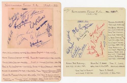 Nottingham Forest F.C. 1949/50-1952/53. Three small album pages, each laid down to a large album page comprising signatures of players and staff. Pages are for seasons 1949/50 (13 signatures), 1951/52 (12) and 1952/53 (12). Signatures include Horace Gager