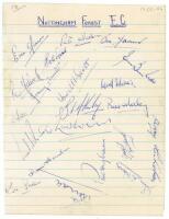 Nottingham Forest F.C. 1955/56 and 1957/58. Ruled page signed in ink by twenty one members of the 1955/56 Nottingham Forest team, and two album pages signed in ink by twenty eight members of the 1957/58 team. Signatures include Eric Jones, Bill Farmer, Ro