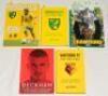 Signed football books. ‘David Beckham. My World’ 2000, softback signed by Beckham. Four hardback titles with signatures on tightly trimmed pieces unless stated. ‘Norwich City On This Day’, Gareth James, 2009, (three signatures). Two Norwich City Official 