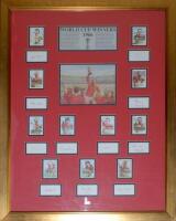 England ‘World Cup Winners 1966’. Large attractive mounted montage consisting of a colour image of Bobby Moore holding aloft the World Cup with his team mates at Wembley 1966. Below and to each side are mounted individual colour images of each member of t