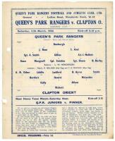 Queen’s Park Rangers. Season 1943/44. Official war-time single sheet home programmes including one for the Football League South match played v Clapton Orient 11th March, and three for Football League (South) matches v Portsmouth 10th April, v Arsenal 29t