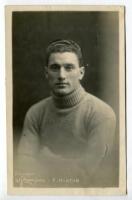 William Frederick Weston Hinton. Tottenham Hotspur 1924-1926. Sepia real photograph postcard of goalkeeper Hinton, head and shoulders, in Spurs jersey. Title ‘F. Hinton’ to lower border. W.J. Crawford of Edmonton. Odd minor faults otherwise in good/very g