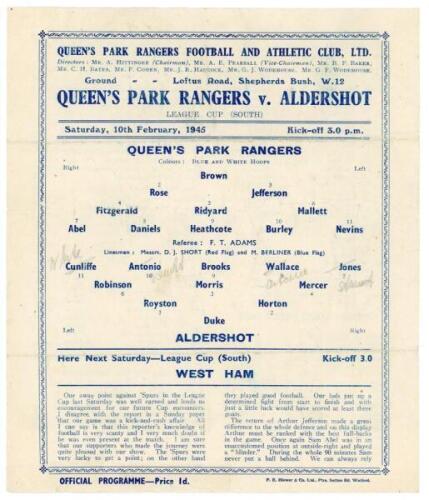 Queen’s Park Rangers. Season 1944/45. Official war-time single sheet home programmes for the League Cup (South) match played v Aldershot 10th February, and Football League (South) matches v Portsmouth 31st Match, and v Aldershot 14th April. Light folds to