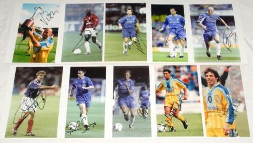 Chelsea F.C. c.2000. Ten original colour press photographs of Chelsea players in match action. Each photograph signed by the featured player. Signatures are Vialli, Weir, Zola, Petrescu, Leboeuf, Deschamps, Poyet, Le Saux, Ambrosetti and Di Matteo. All 10