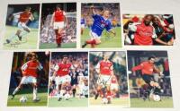 Arsenal F.C. 1970s-1990s. Eight original colour press photograph of Arsenal players, each signed by the featured player. Signatures include Bergkamp, Overmars, Seaman, Petit, O’Leary etc. The majority 10”x8”. VG