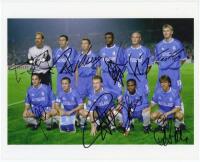 Chelsea F.C. Champions League 1999. Original colour press photograph of the Chelsea team for the Champions League match v AC Milan, 15th September 1999. Signed to the photograph by ten of the Chelsea players. Signatures include de Goey, Desailly, Lebeouf,