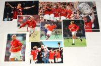 Manchester United F.C. 1970s-2010s. Eight original colour press photograph of Manchester United players and manger, each signed by the featured player(s). Signatures include Docherty, Silvestre, Forlan, Poborsky, van Nistelrooy, Rooney etc. 12”x8” and sma