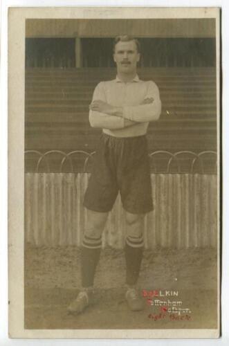 Bertie Henry West Elkin. Tottenham Hotspur 1909-1911. Mono real photograph postcard of Elkin, full length, in Spurs attire. Title to lower border ‘B. Elkin. Tottenham Hotspur’. F.W. Jones of Tottenham. Postally unused. Some text to lower border overwritte