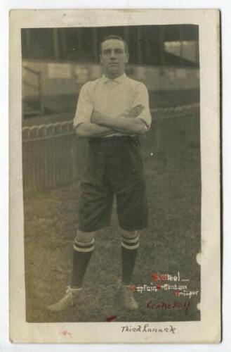 Daniel Steel. Tottenham Hotspur 1908-1912. Early mono real photograph postcard of Steel, full length, in Spurs attire Title to lower border ‘D. Steel. Captain, Tottenham Hotspur’. F.W. Jones of Tottenham. Postally unused. Some text to lower border overwri