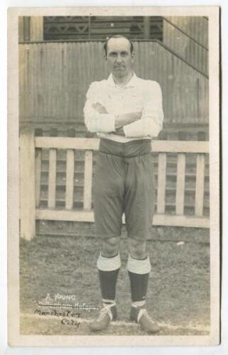 Alexander Simpson Young. Tottenham Hotspur 1911. Mono real photograph postcard of Young, full length in Spurs attire. ‘A. Young. Tottenham Hotspur’. F.W. Jones of Tottenham. ‘Manchester City’ (his next team) added below the title otherwise in good conditi