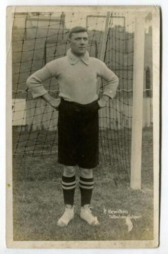 Robert Hewitson. Tottenham Hotspur 1908-1909. Early mono real photograph postcard of goalkeeper Hewitson, full length, in Spurs attire. Title to lower border ‘R. Hewitson. Tottenham Hotspur’. F.W. Jones of Tottenham Postally unused. Minor wear to card sur