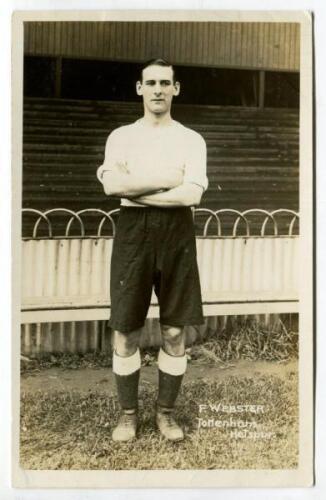 Frederick Joseph Webster. Tottenham Hotspur 1911-1915. Sepia real photograph postcard of Webster, full length in Spurs attire. Title to lower border ‘F. Webster. Tottenham Hotspur’. F.W. Jones of Tottenham. Good/very good condition