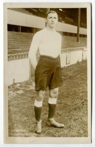 Arthur Grimsdell. Tottenham Hotspur 1912-1929. Sepia real photograph postcard of Grimsdell, full length in Spurs attire. Title to lower border ‘A. Grimsdell. Tottenham Hotspur’. F.W. Jones of Tottenham. Good/very good condition