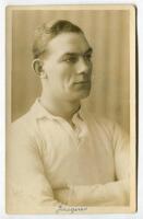 William Jacques. Tottenham Hotspur 1914-1922.. Sepia real photograph postcard of Jacques, head and shoulders, in Spurs shirt. W.J. Crawford of Edmonton. Dated ‘1920’. ‘Jacques’ handwritten to lower border. Good/very good condition Postally unused.